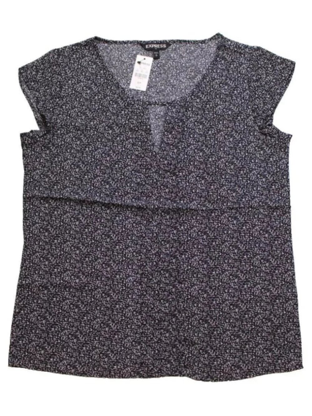 Express Womens Pattern Keyhole Neck Blouse Black/White Cap Sleeve Shirt NWT Sz M